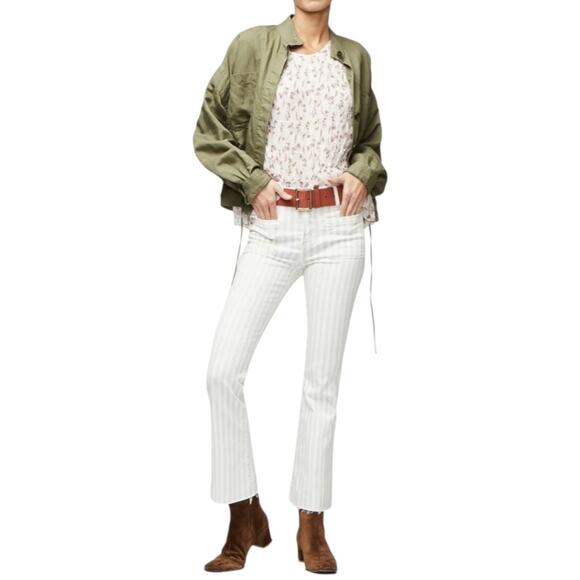 FRAME Women’s Tan+White Striped Le Bardot Crop Flare Raw Edge Denim Pant-size 33 - Picture 1 of 15